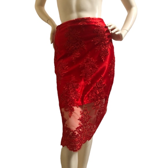 Scarlett Red Satin & Lace Skirt - Picture 2 of 12